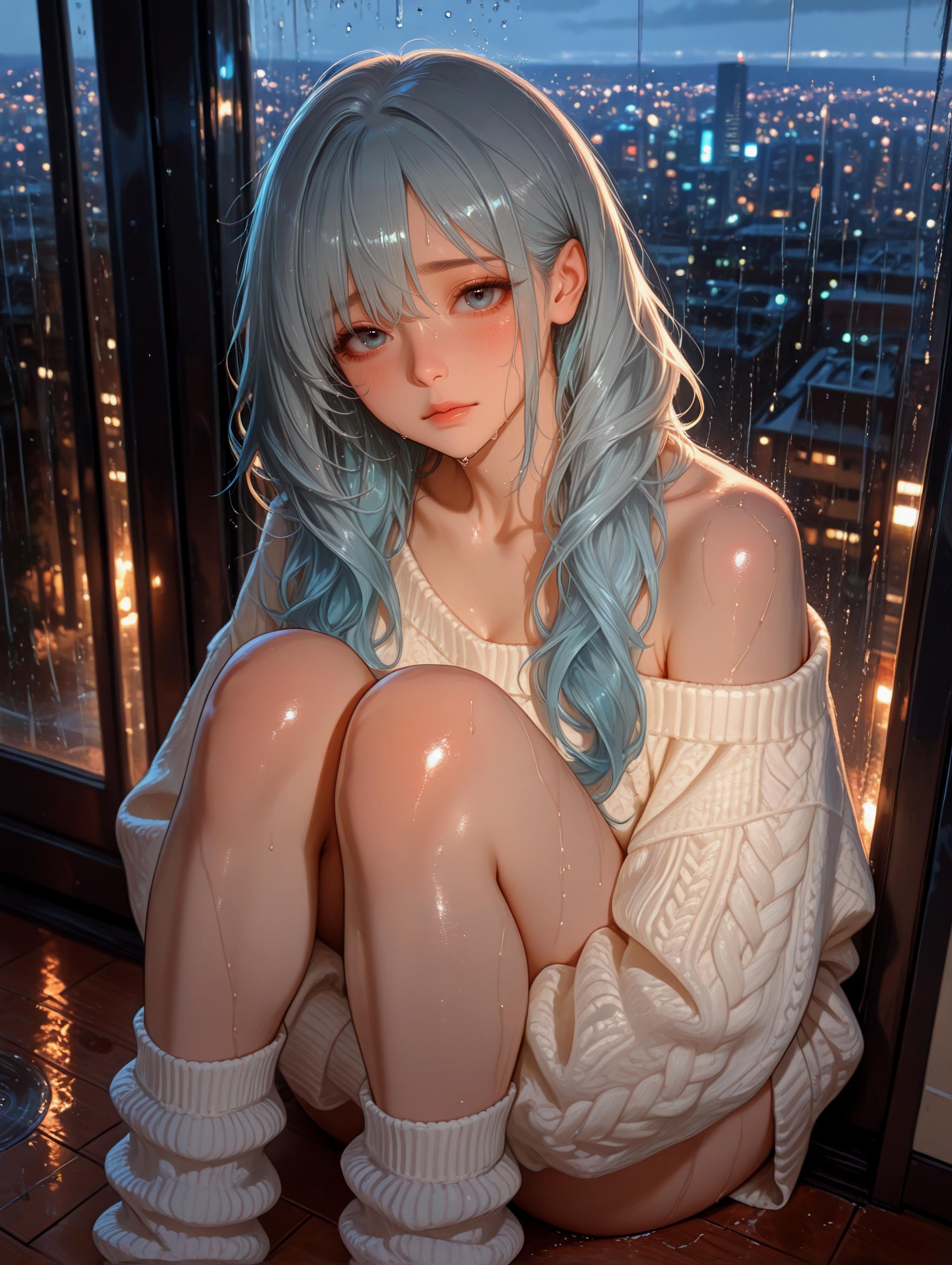 F@__雨の夜に想いを馳せるブルーヘアの少女_129410393_p0